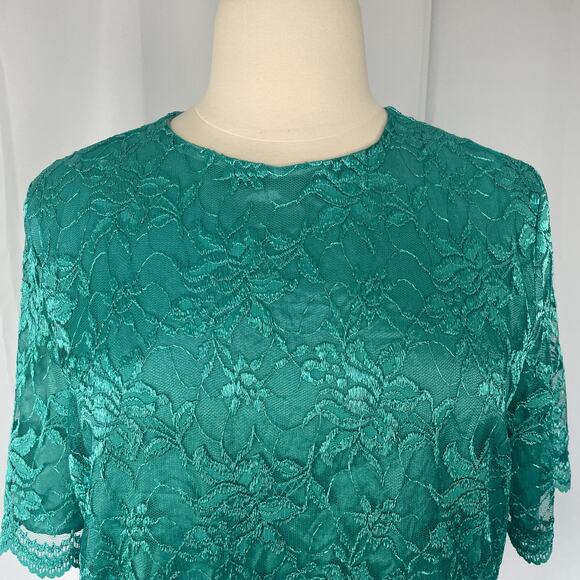 Vintage Top Size XL Teal Green Lace Short Sleeve Romantic Feminine Coquette 90s - Picture 2 of 10